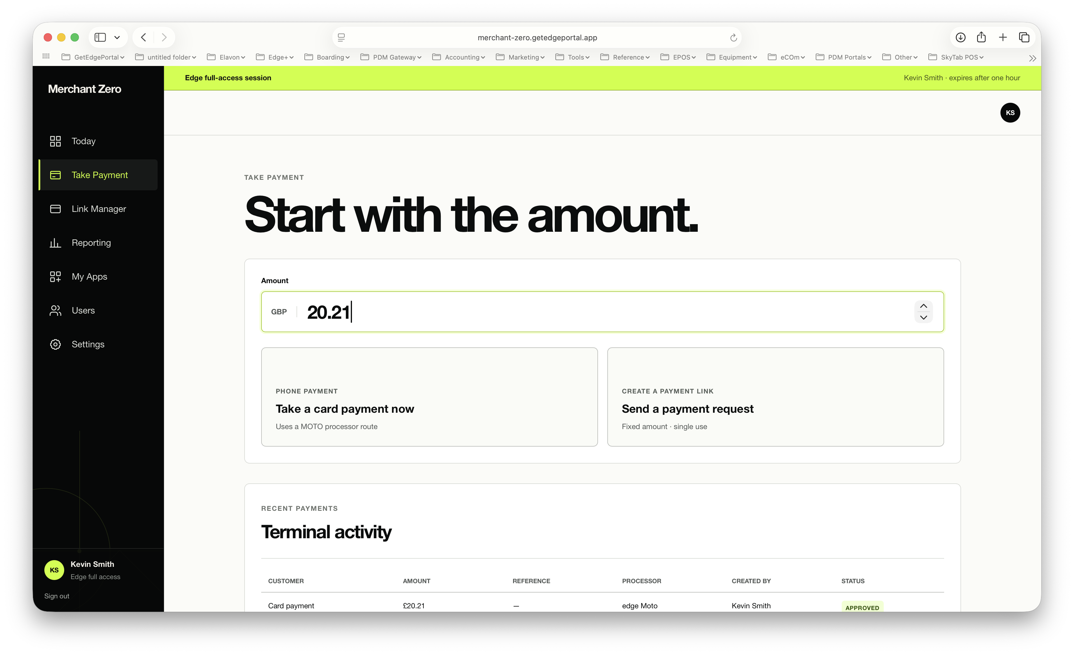 GetEdge Portal Take Payment screen with amount entry and recent terminal activity